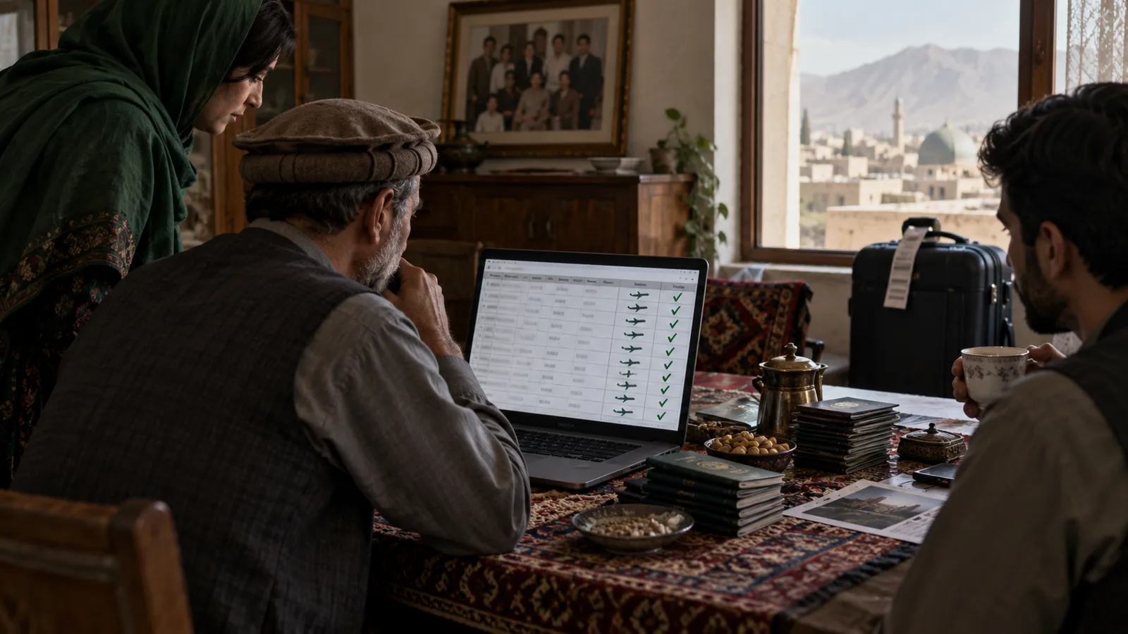 Three adults examine a laptop spreadsheet at a low table with passports and tea, with a suitcase beside the window.
