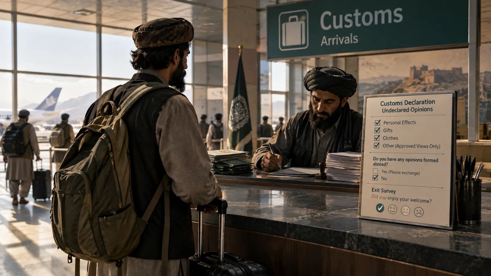 A traveler with luggage faces an officer at an airport customs counter beside an opinion-declaration board.
